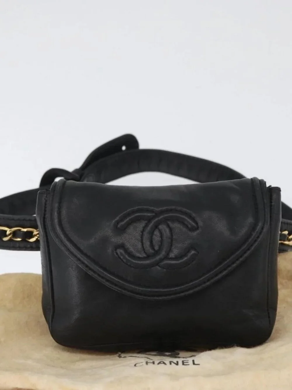 CHANEL COCO Mark Chain Waist Bag Lamb Skin Black Gold CC Auth BA11165